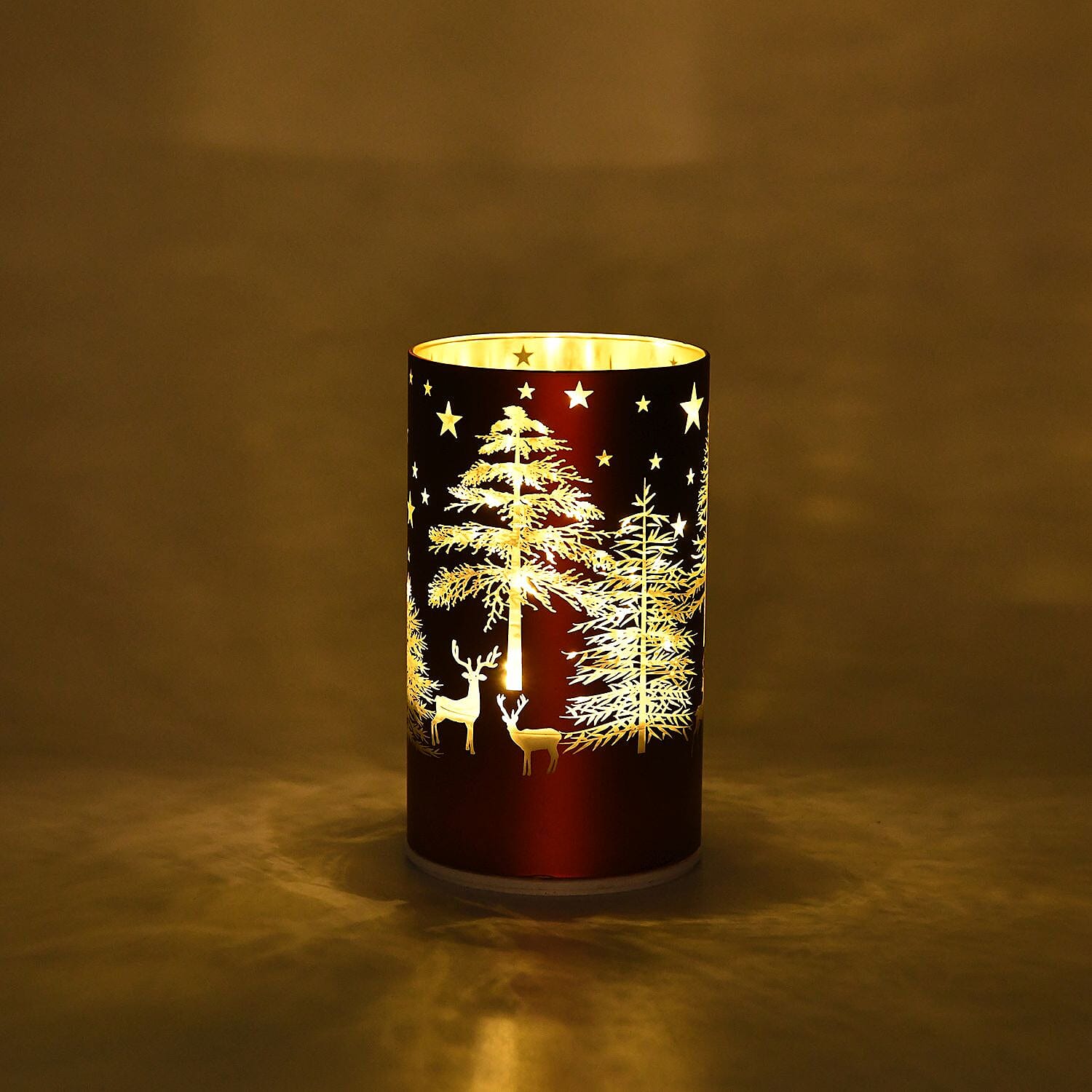 Reindeer & Pine Tree Scene Rotating LED Christmas Light Table Lamp - Red & Yellow