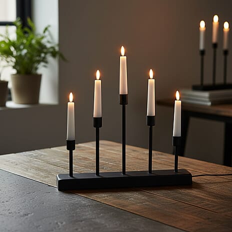 Bliss and Beyond 5L Warm White LED Candle Light with Iron Stand Candlestick (32 CM) - Black - White