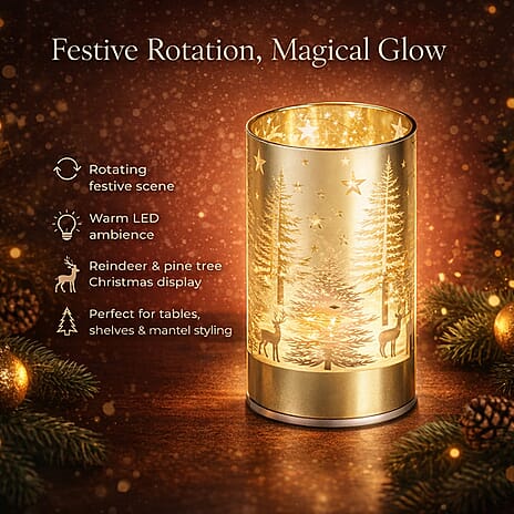 Reindeer & Pine Tree Scene Rotating LED Christmas Light Table Lamp - Gold