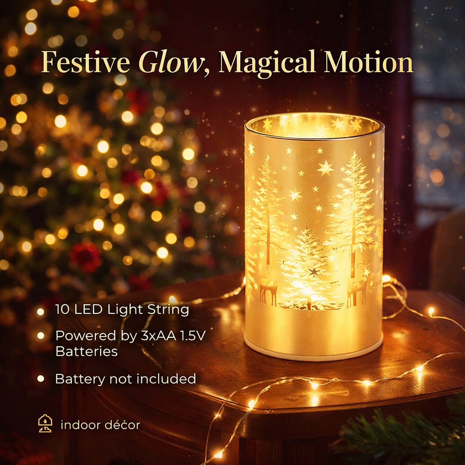 Reindeer & Pine Tree Scene Rotating LED Christmas Light Table Lamp - Gold