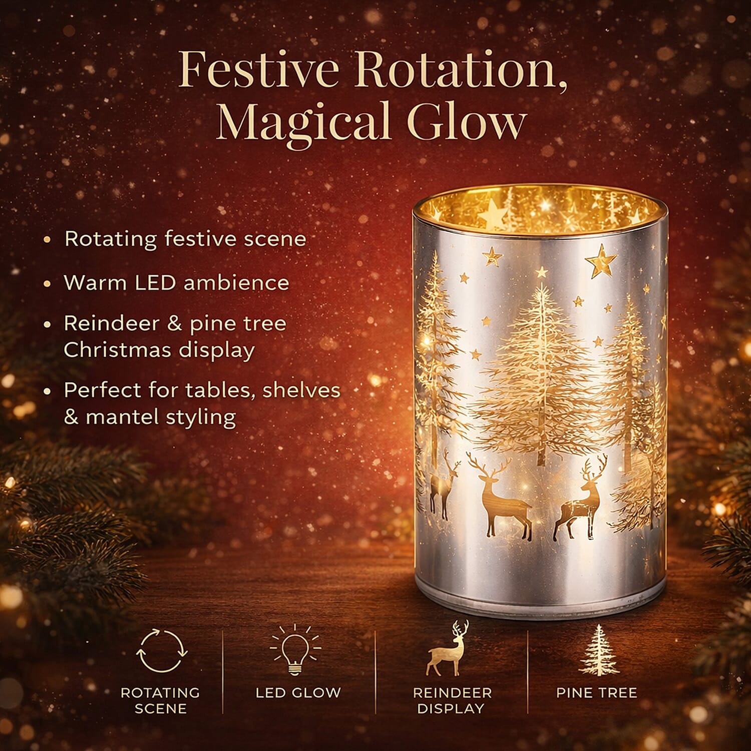 Reindeer & Pine Tree Scene Rotating LED Christmas Light Table Lamp - Silver
