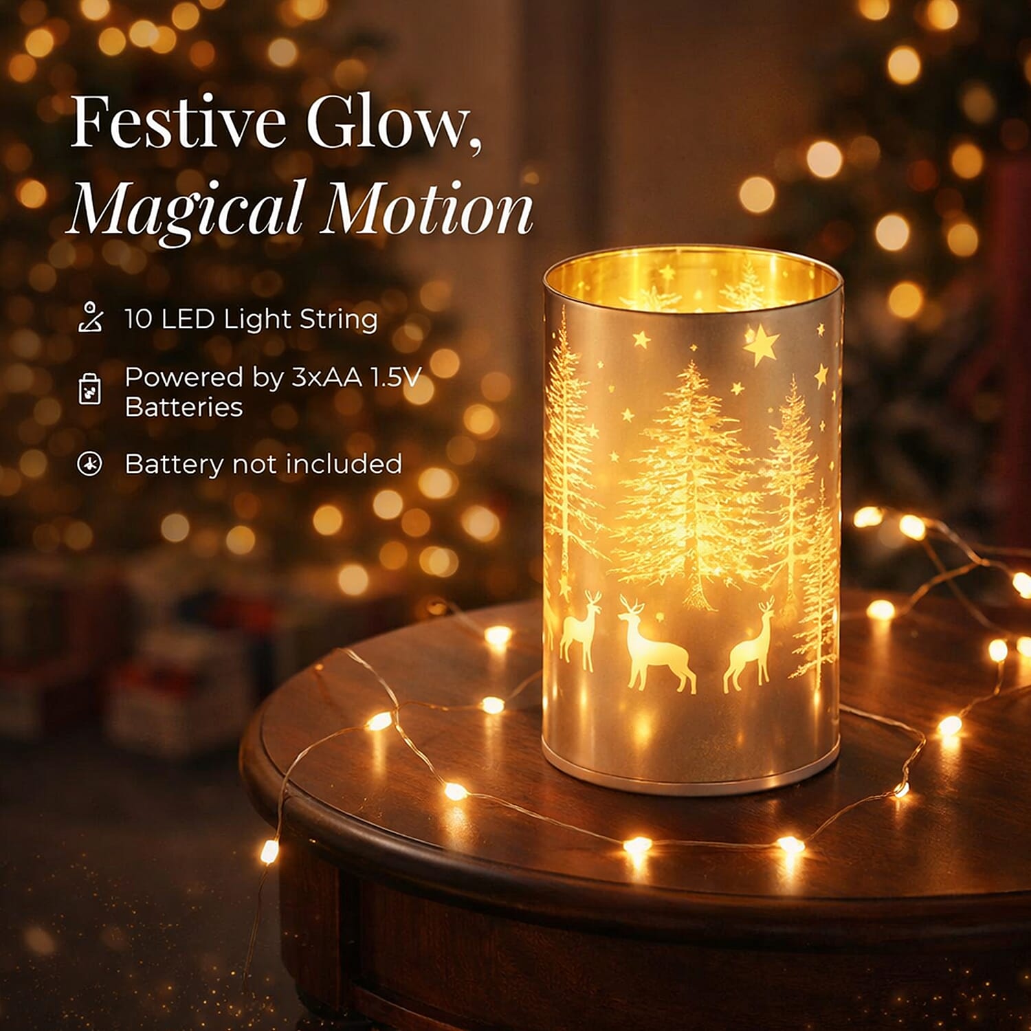 Reindeer & Pine Tree Scene Rotating LED Christmas Light Table Lamp - Silver