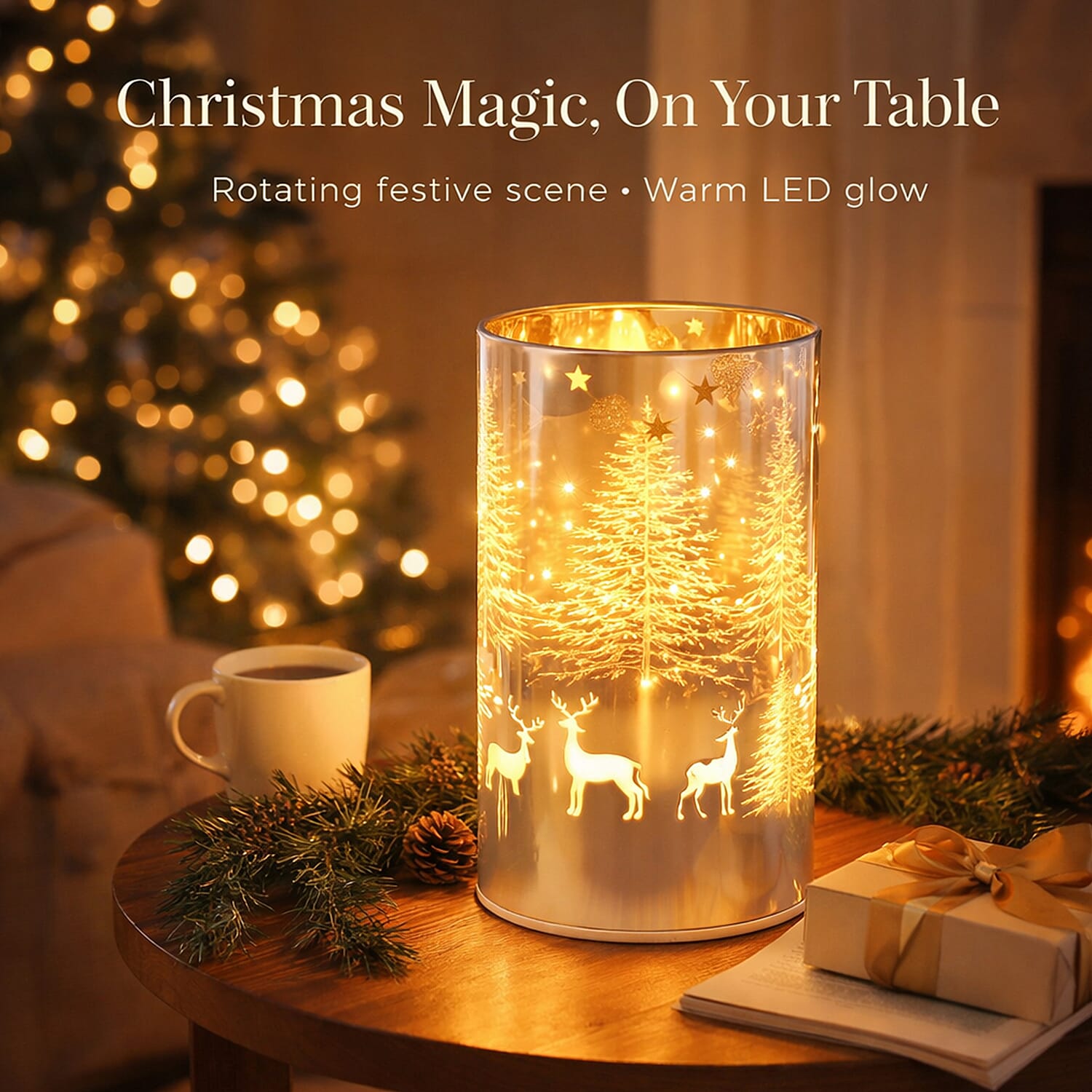 Reindeer & Pine Tree Scene Rotating LED Christmas Light Table Lamp - Silver