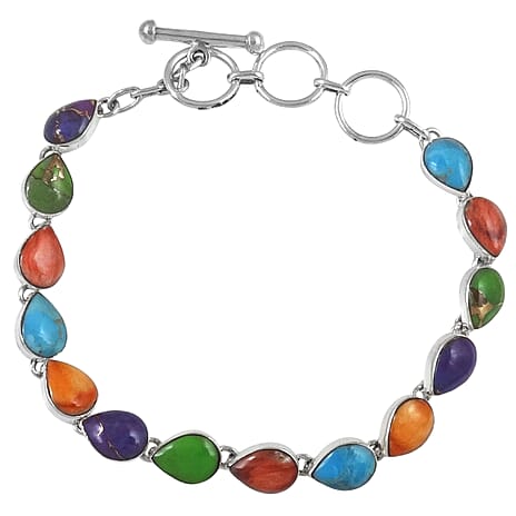 Santa Fe Collection - Multi Gemstones Bracelet (Size - 7.5) with T-Bar Clasp Sterling Silver 3.00 Ct, Silver Wt. 10.00 Gms.