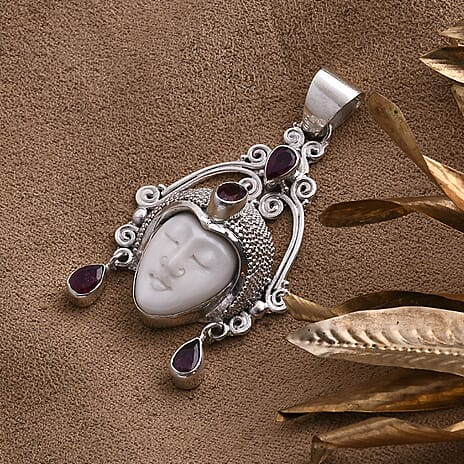 Ruby & Ox Bone Statement Pendant Sterling Silver 8.56 Ct, Silver Wt. 12.50 Gms.