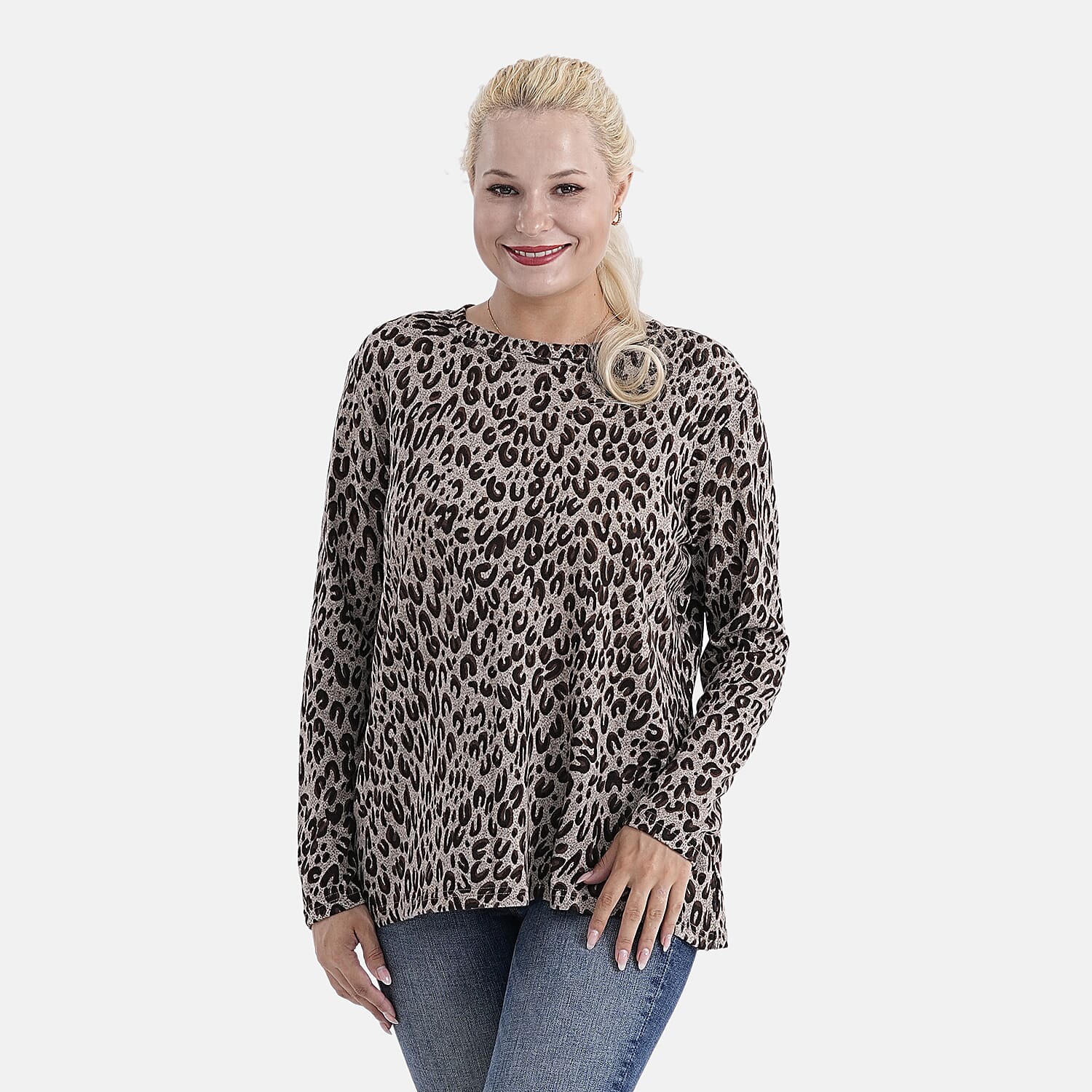 Tamsy Brushed Stretch Leopard Print Jersey Top (One Size) - Coffee
