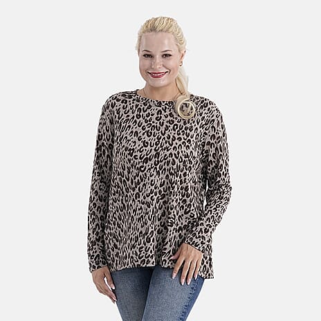 Tamsy Brushed Stretch Leopard Print Jersey Top (One Size) - Coffee
