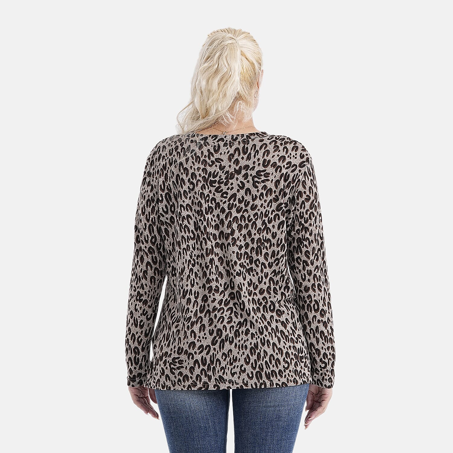 Tamsy Brushed Stretch Leopard Print Jersey Top (One Size) - Coffee