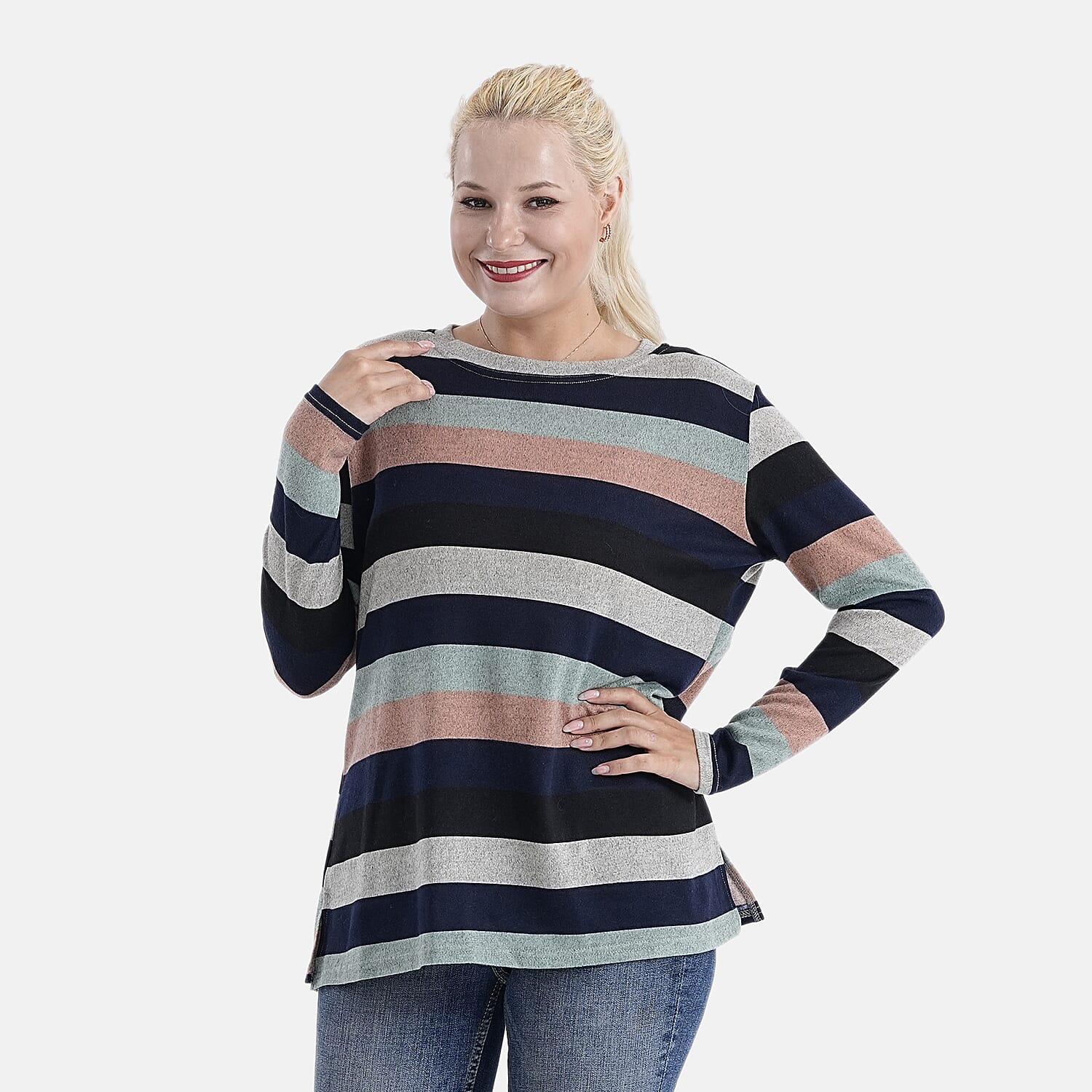Tamsy Brushed Stretch Multi-Colour Striped Jersey Top (One Size)