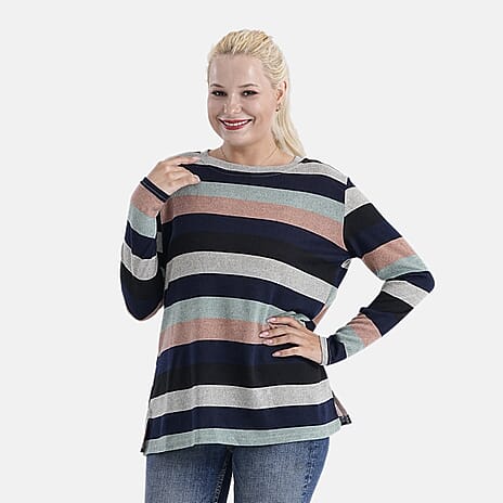 Tamsy Brushed Stretch Multi-Colour Striped Jersey Top (One Size)