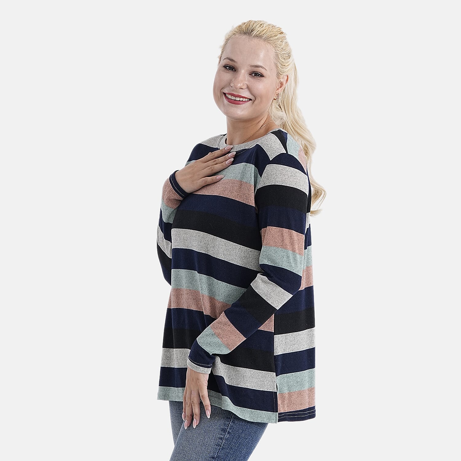 Tamsy Brushed Stretch Multi-Colour Striped Jersey Top (One Size)