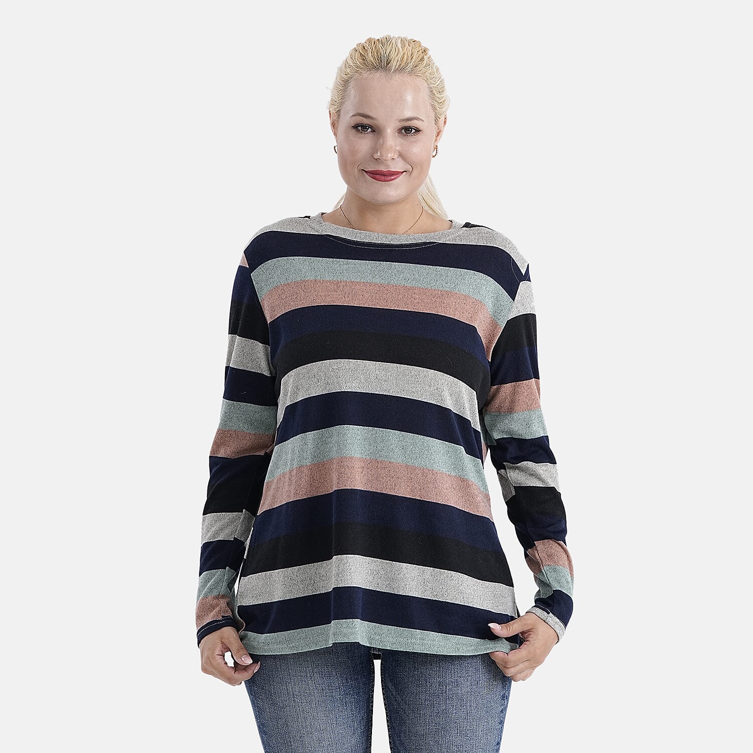 Tamsy Brushed Stretch Multi-Colour Striped Jersey Top (One Size)