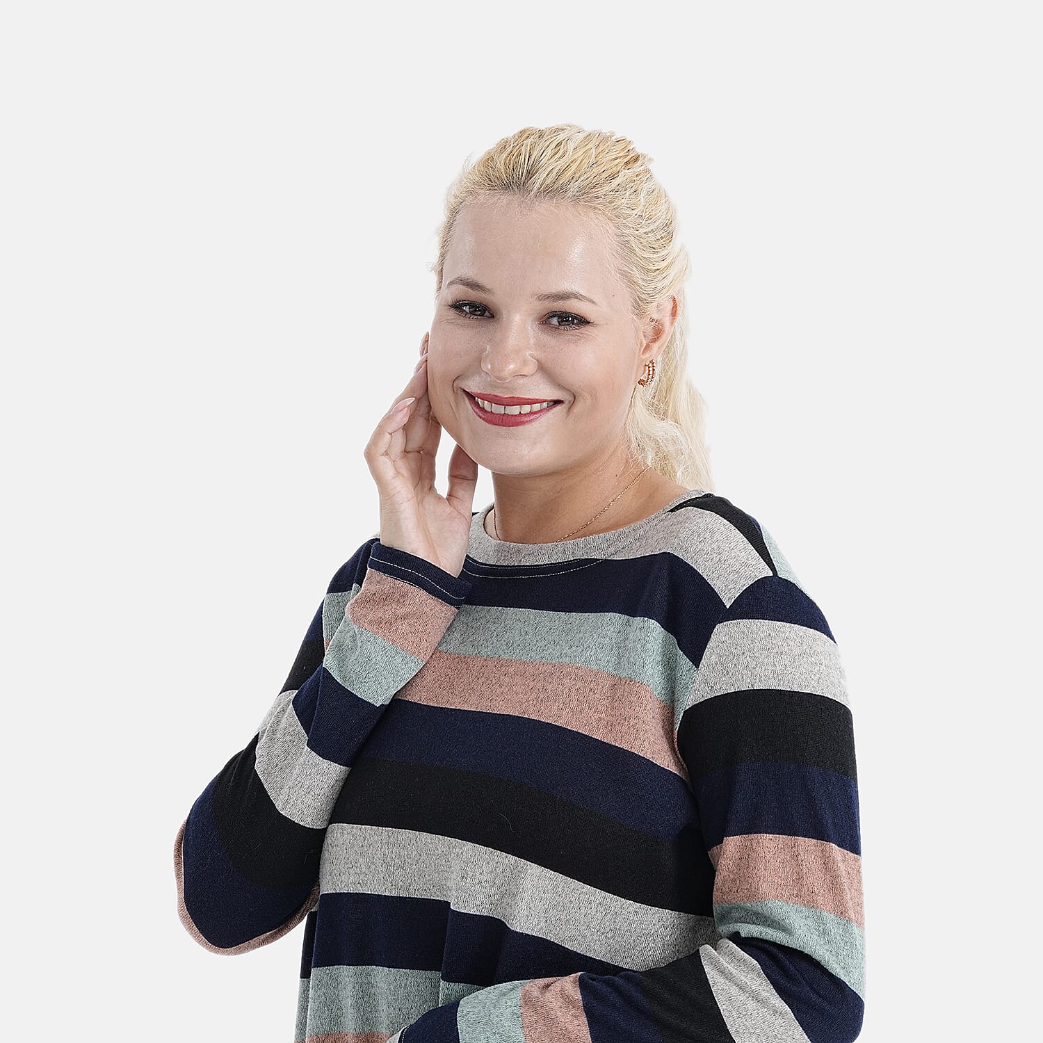 Tamsy Brushed Stretch Multi-Colour Striped Jersey Top (One Size)