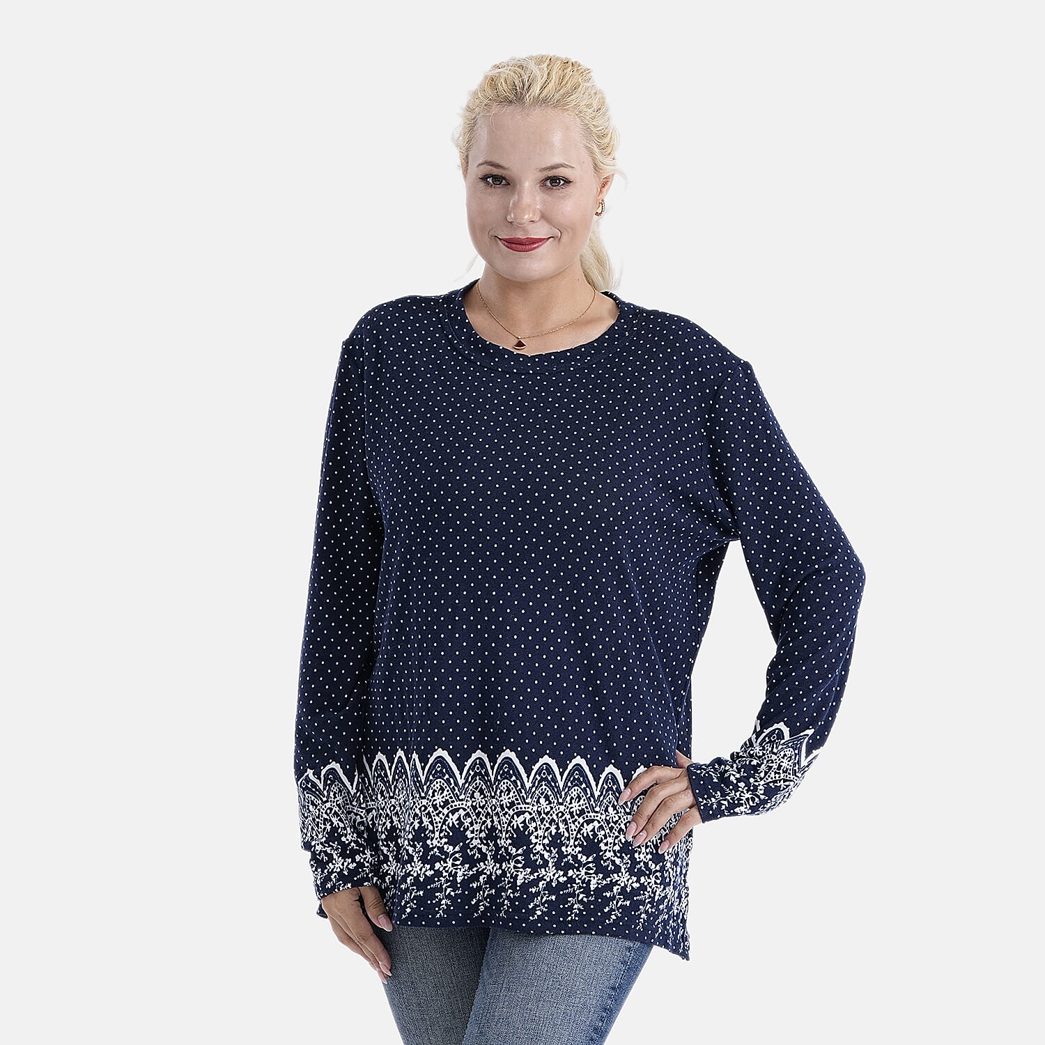 Tamsy Brushed Stretch Polka Dot Jersey Top (One Size) - Navy