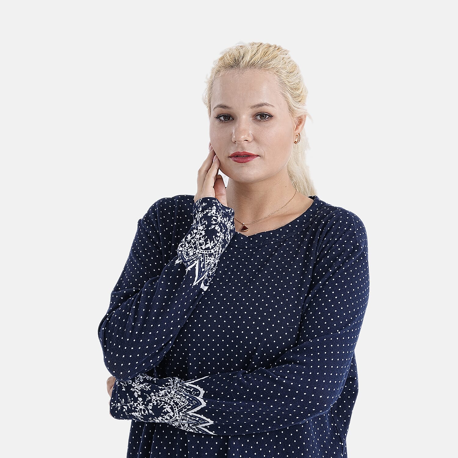 Tamsy Brushed Stretch Polka Dot Jersey Top (One Size) - Navy