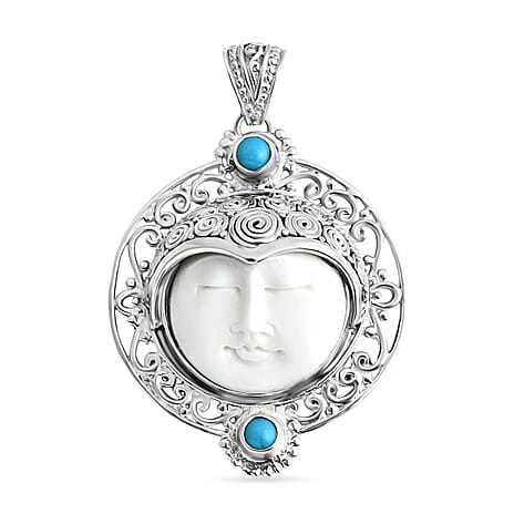 Royal Bali Collection Ox Bone & Sleeping Beauty Turquoise Pendant Sterling Silver 11.03 Ct, Silver Wt. 9.44 Gms.