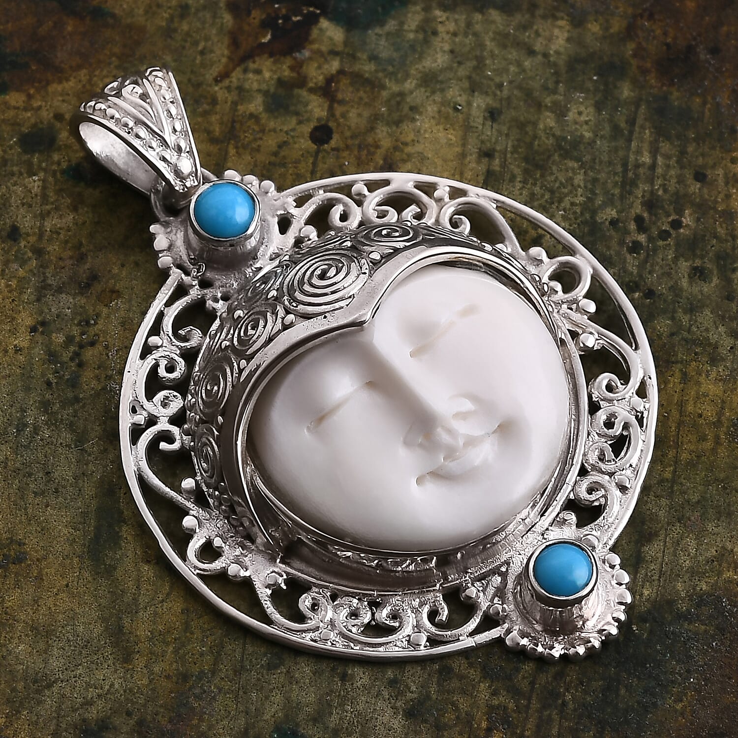 Royal Bali Collection Ox Bone & Sleeping Beauty Turquoise Pendant Sterling Silver 11.03 Ct, Silver Wt. 9.44 Gms.