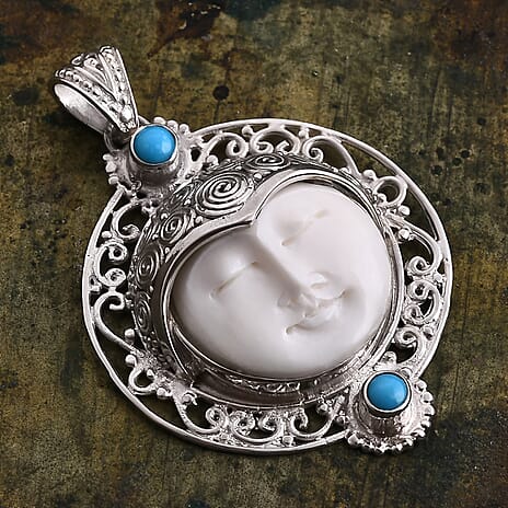 Royal Bali Collection Ox Bone & Sleeping Beauty Turquoise Pendant Sterling Silver 11.03 Ct, Silver Wt. 9.44 Gms.