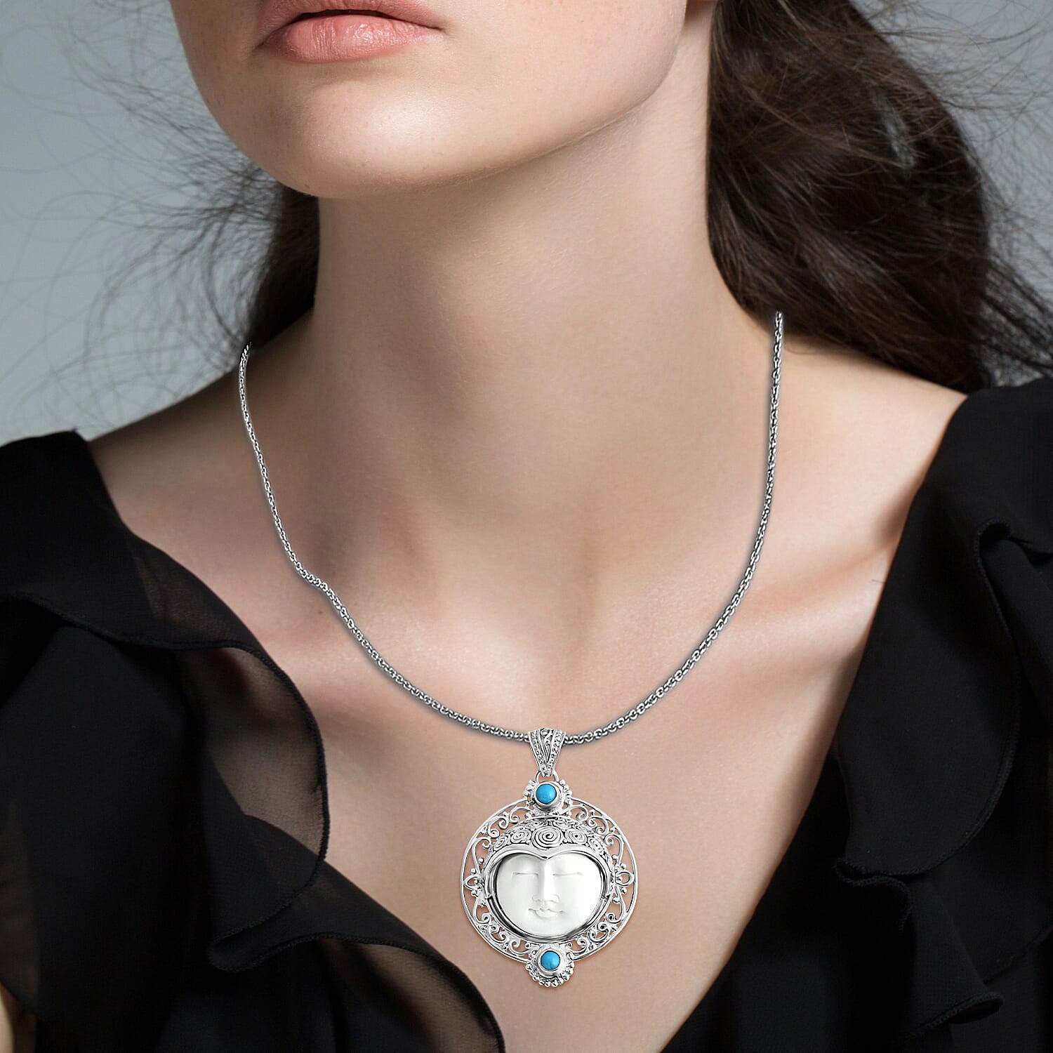 Royal Bali Collection Ox Bone & Sleeping Beauty Turquoise Pendant Sterling Silver 11.03 Ct, Silver Wt. 9.44 Gms.