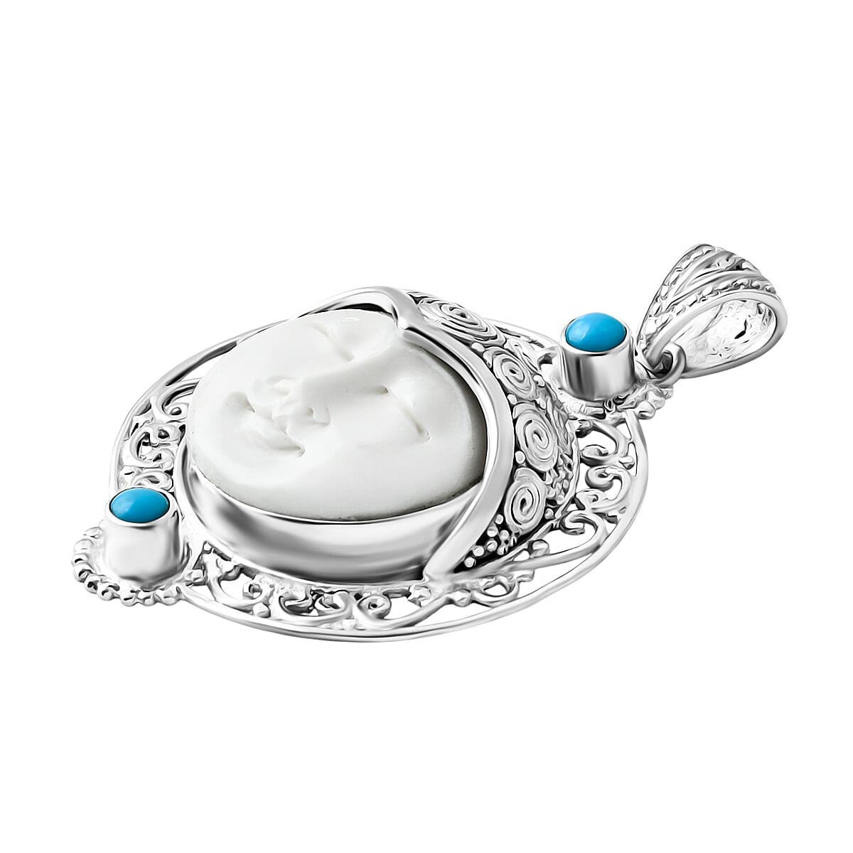 Royal Bali Collection Ox Bone & Sleeping Beauty Turquoise Pendant Sterling Silver 11.03 Ct, Silver Wt. 9.44 Gms.
