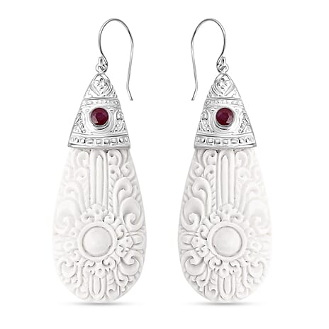 D'Joy Ox Bone & Ruby Earring with Hook Sterling Silver 51.03 Ct.