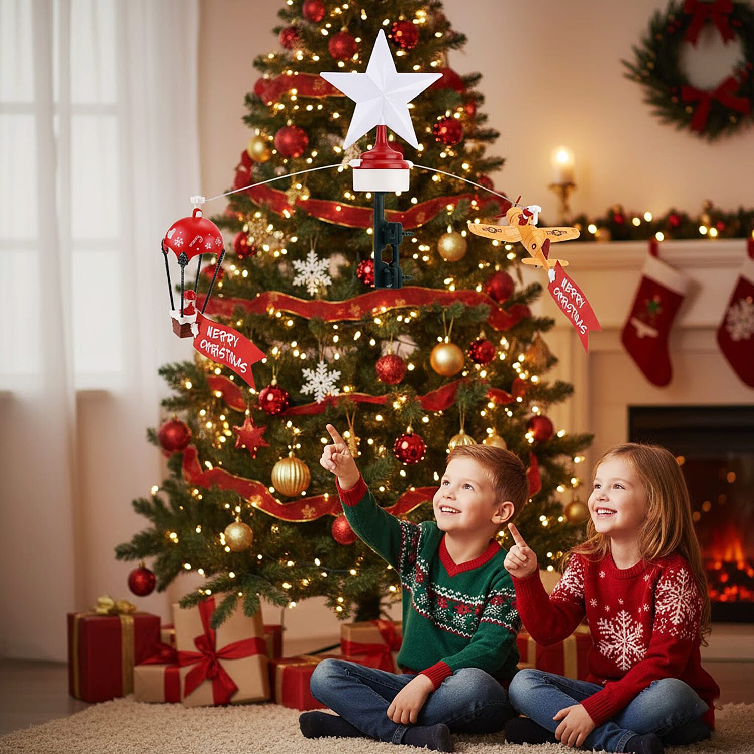 Rotating Christmas Air Balloon & Airplane Theme Music Box with Warm Lights - Red & White