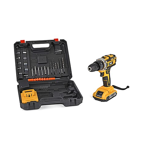 21V Cordless Impact Electric Drill Kit - 35nm Torque - Dual Battery - Black - Yellow