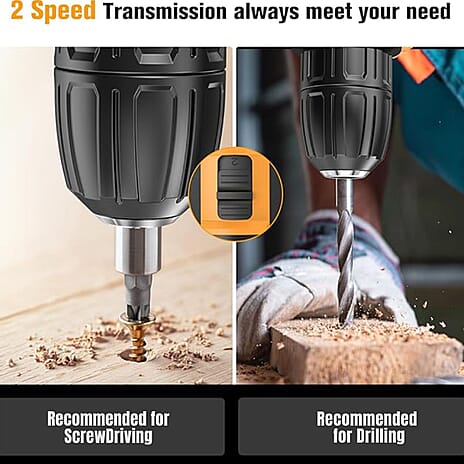 21V Cordless Impact Electric Drill Kit - 35nm Torque - Dual Battery - Black - Yellow