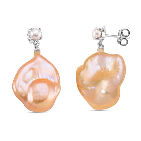 Peach Baroque Pearl, Moissanite & Fresh Water Pearl Earring with Push Back in Rhodium Overlay Sterling Silver 62.61 Ct.