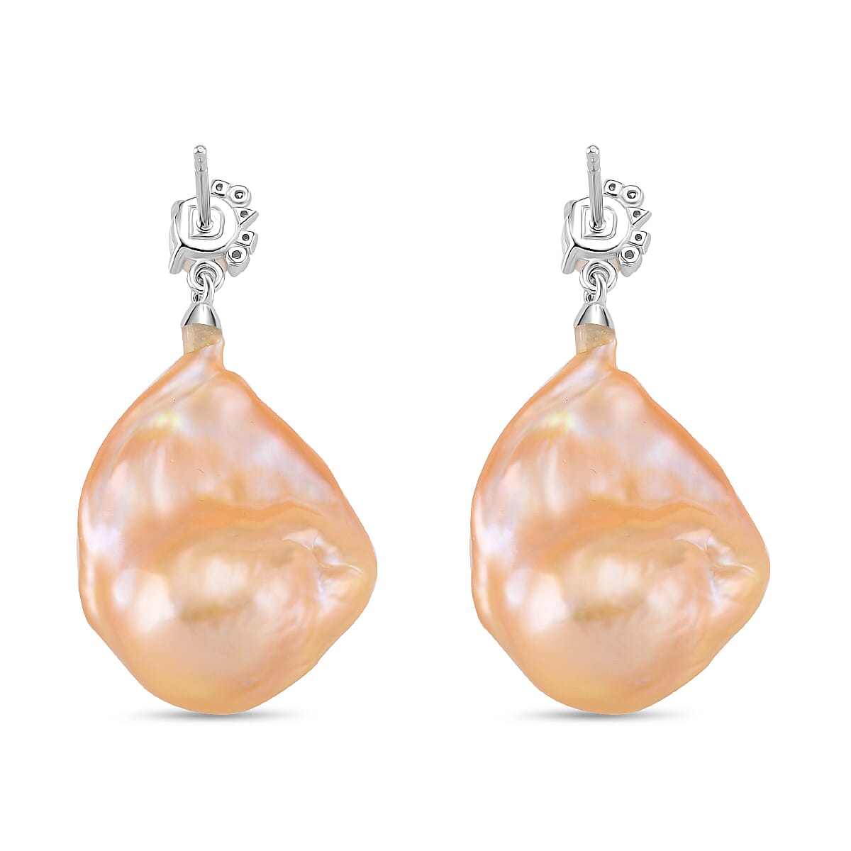 Peach Baroque Pearl, Moissanite & Fresh Water Pearl Earring with Push Back in Rhodium Overlay Sterling Silver 62.61 Ct. Peach Baroque Pearl, Moissanite & Fresh Water Pearl Earring with Push Back in Rhodium Overlay Sterling Silver 62.61 Ct.