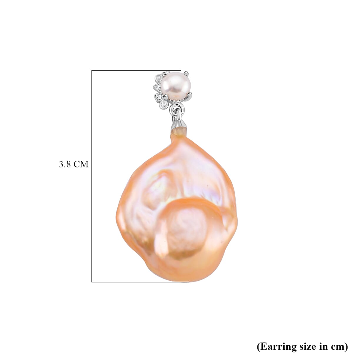 Peach Baroque Pearl, Moissanite & Fresh Water Pearl Earring with Push Back in Rhodium Overlay Sterling Silver 62.61 Ct. Peach Baroque Pearl, Moissanite & Fresh Water Pearl Earring with Push Back in Rhodium Overlay Sterling Silver 62.61 Ct.