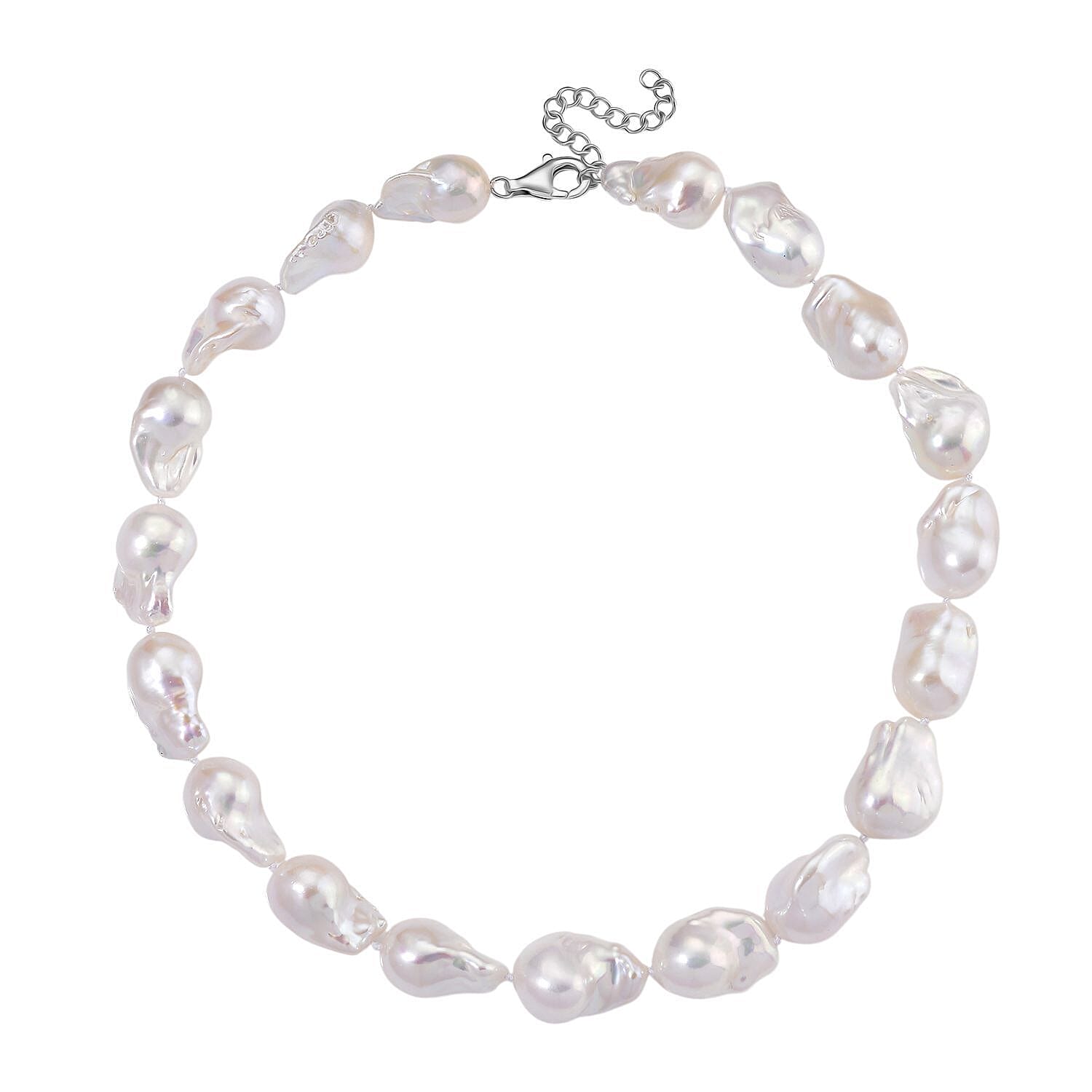 White Fresh Water Pearl Necklace (Size 20 - 2 Ext) with Lobster Clasp in Rhodium Overlay Sterling Silver 500.00 Ct.