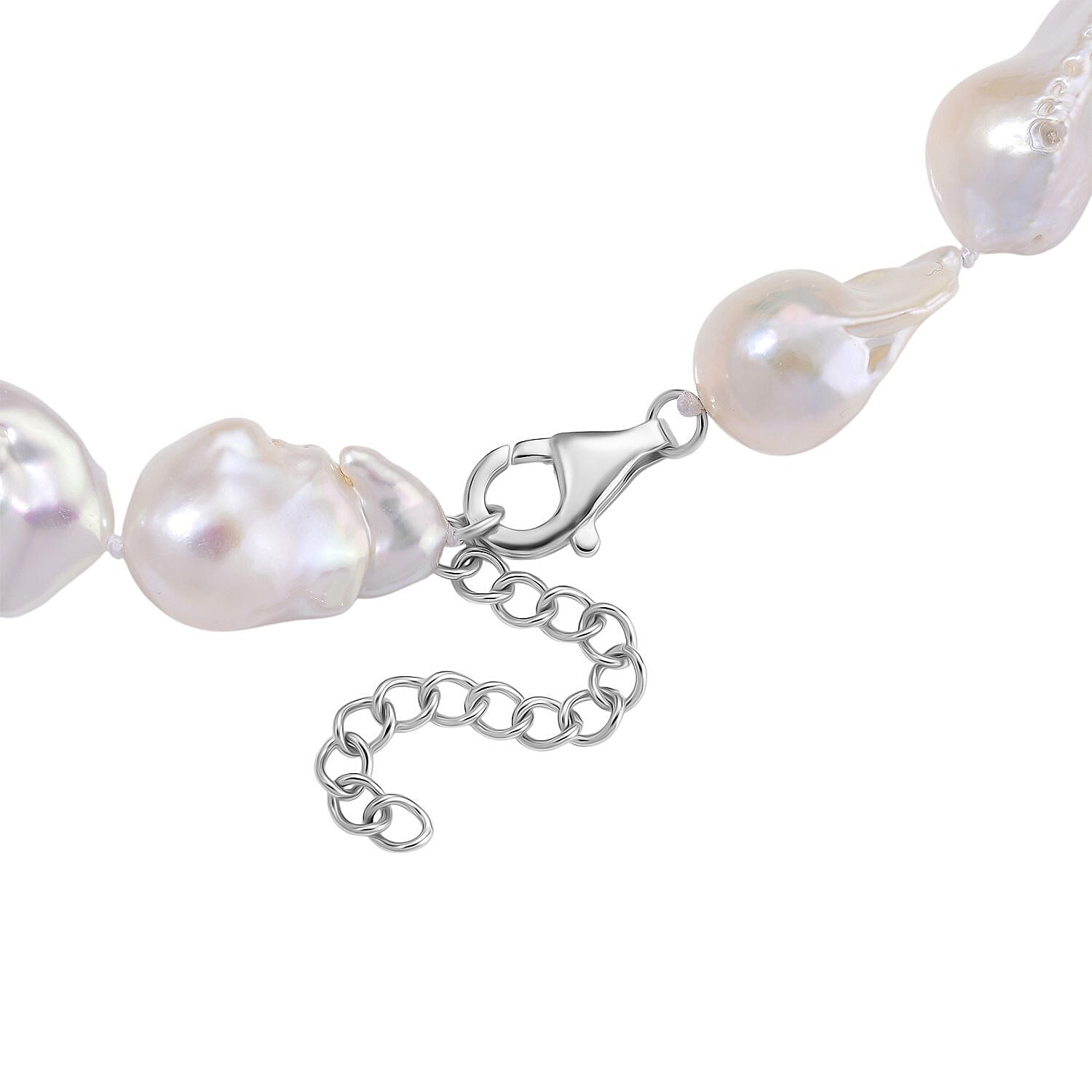 White Fresh Water Pearl Necklace (Size 20 - 2 Ext) with Lobster Clasp in Rhodium Overlay Sterling Silver 500.00 Ct.