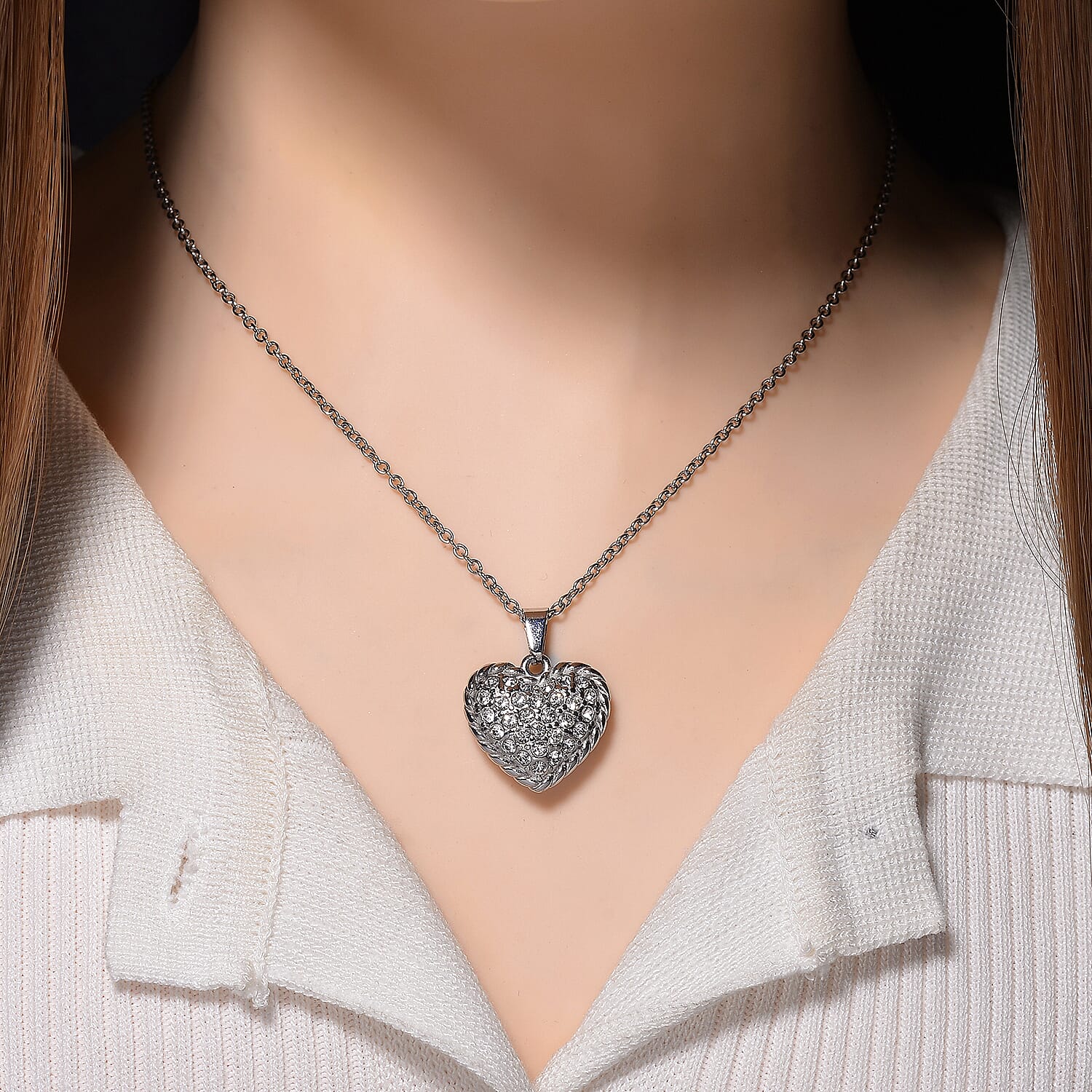 White Crystal Heart Necklace (Size 20)