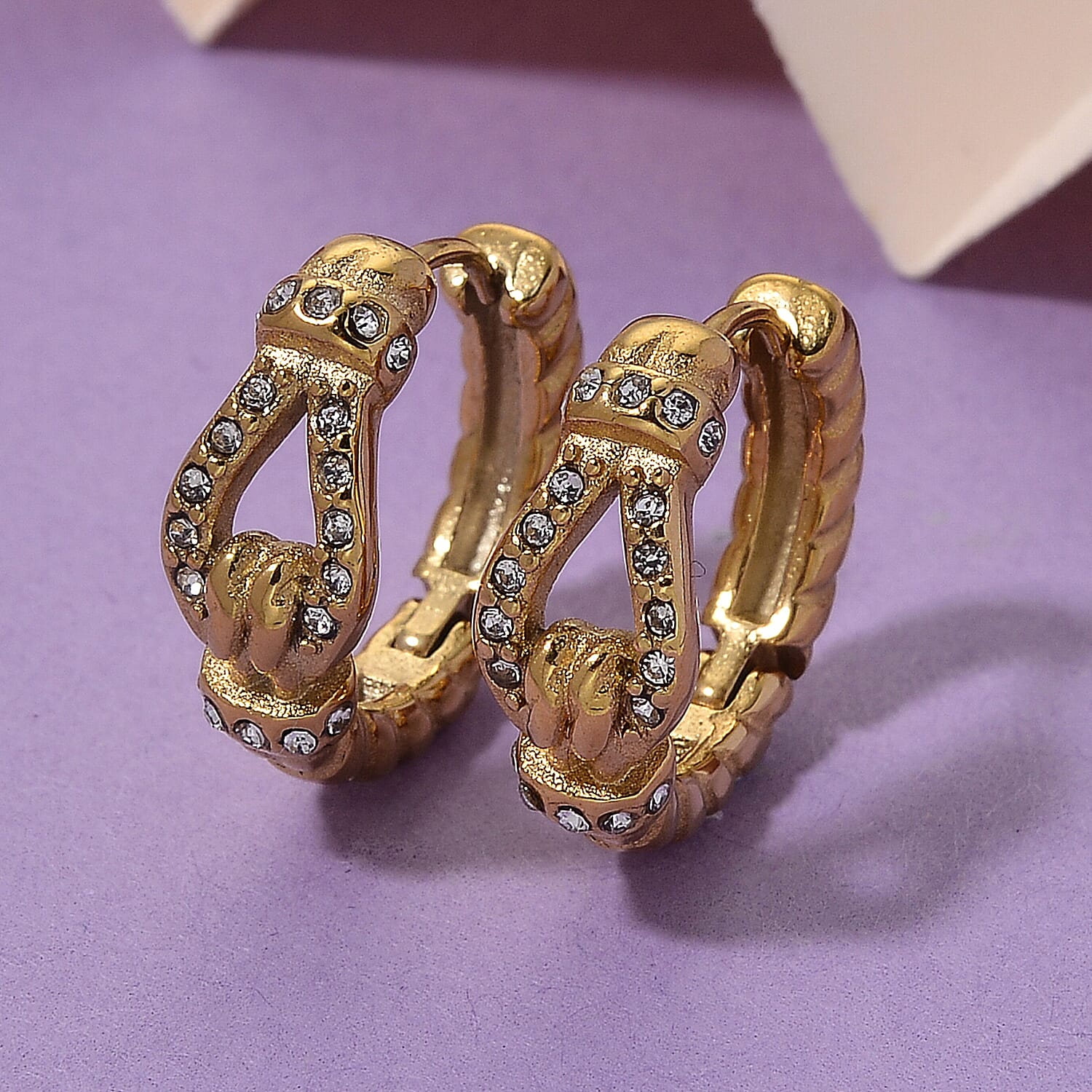 White Crystal Earring with Hoop in Yellow Gold Plated