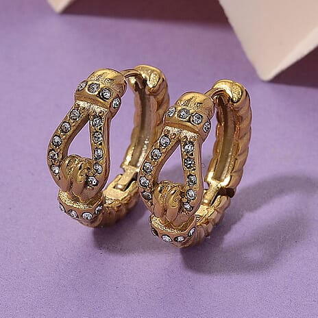 White Crystal Hoop Earrings in Yellow Gold Plated