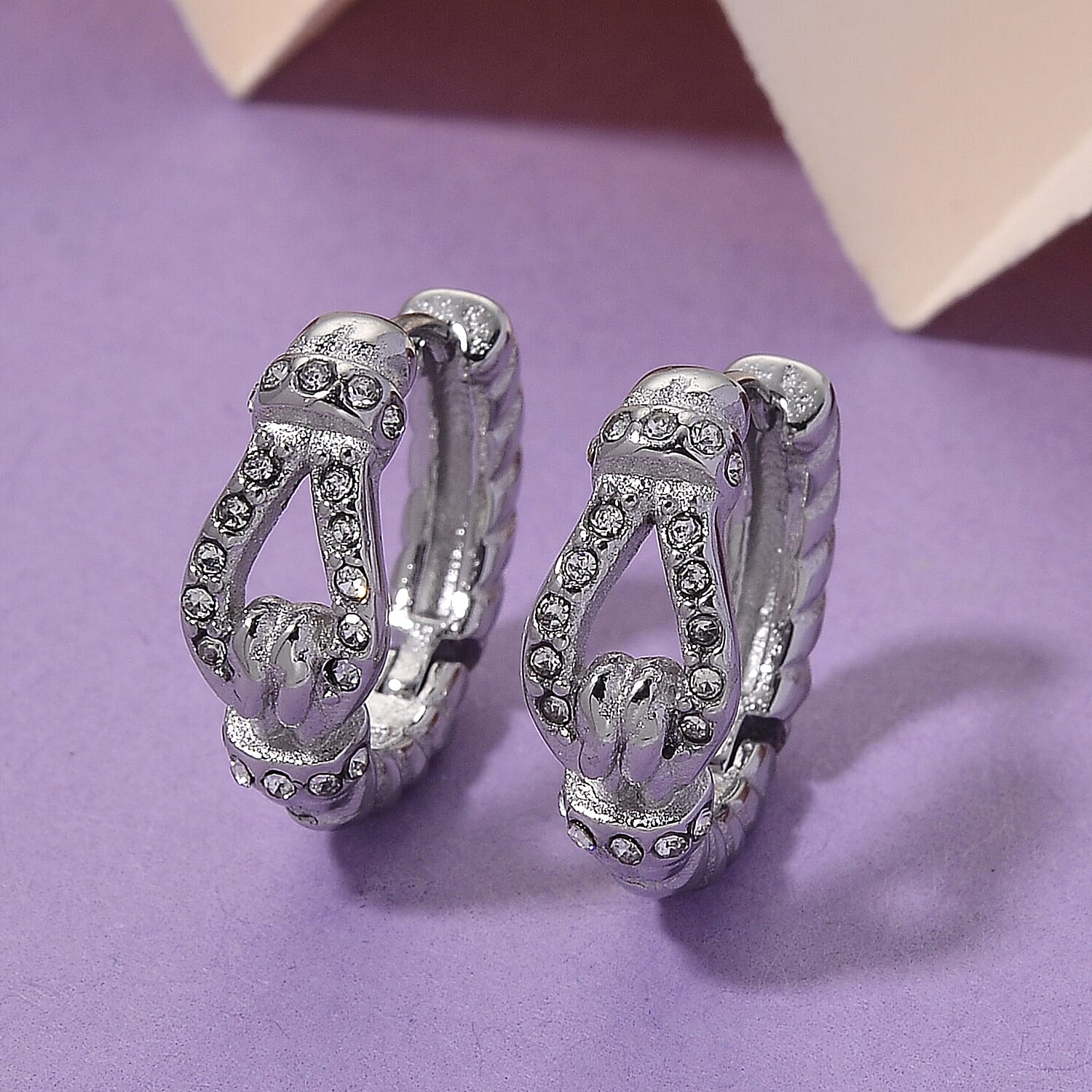 White Crystal Earring with Hoop Pure in Silver Tone