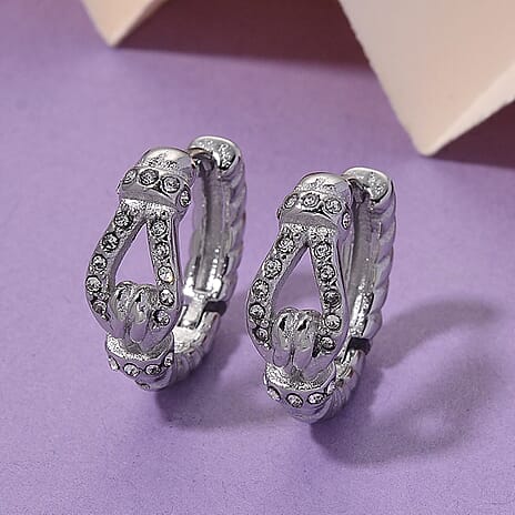 White Crystal Hoop Earrings in Silver Plated