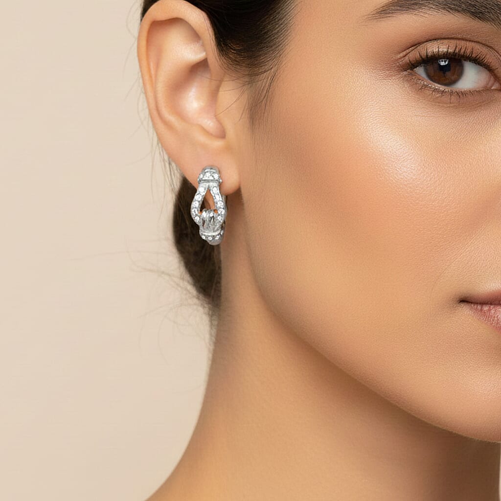 White Crystal Earring with Hoop Pure in Silver Tone