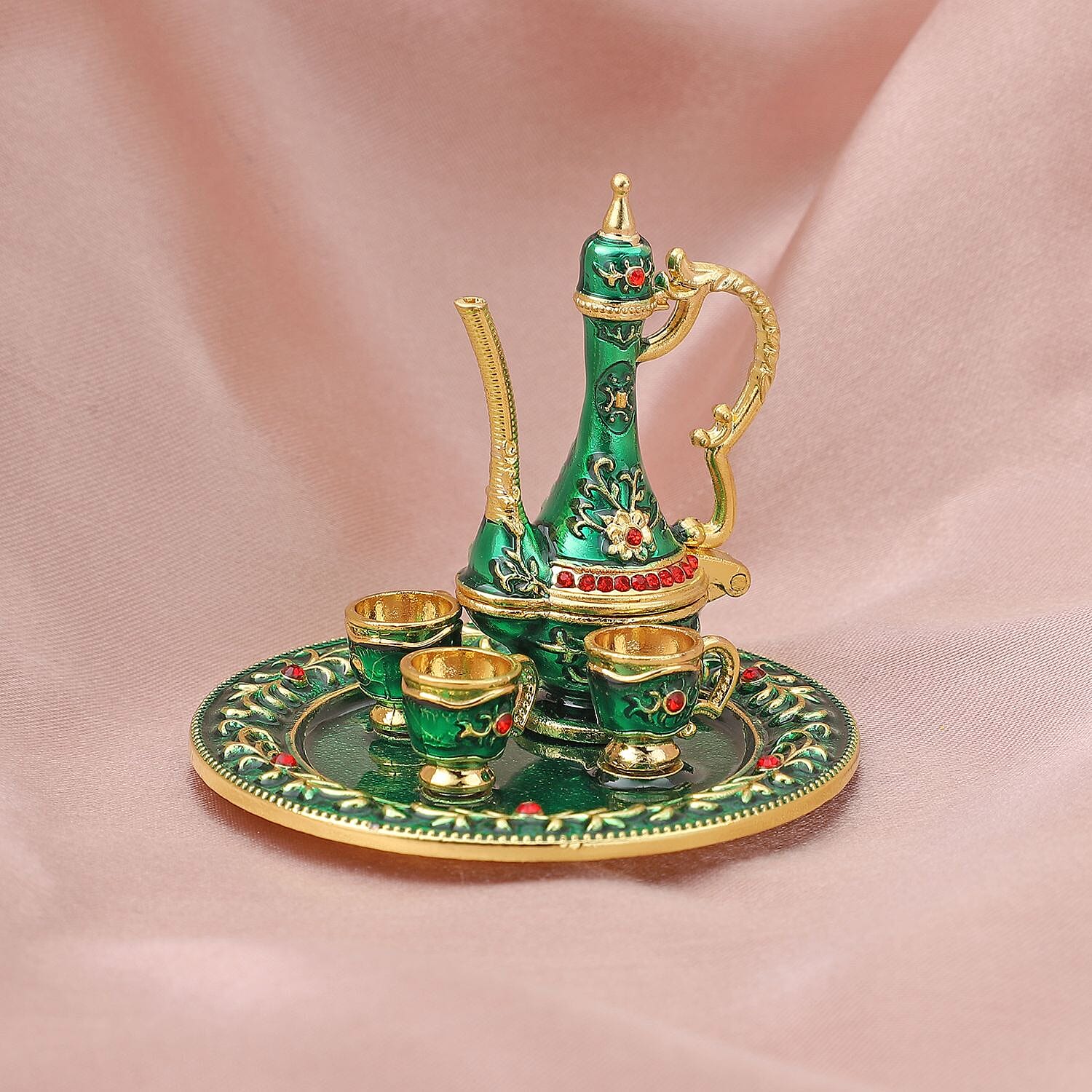 Red Austrian Crystal Enameled Coffee Pot Trinket Box in Gold & Silver Tone (Size 6x6x5 cm)