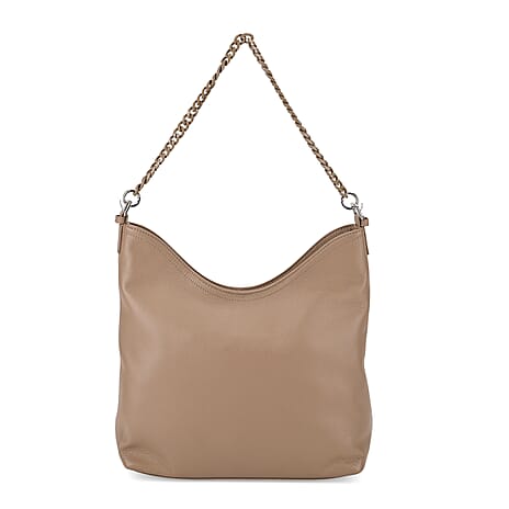 Genuine Leather Slouchy Shoulder Bag - Beige