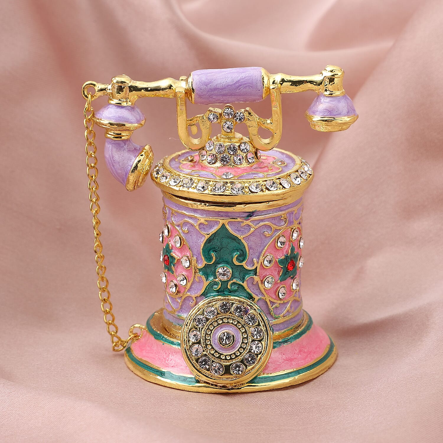 White Austrian Crystal Enameled Telephone Trinket Box in Goldtone(Size 5x5x7 cm)