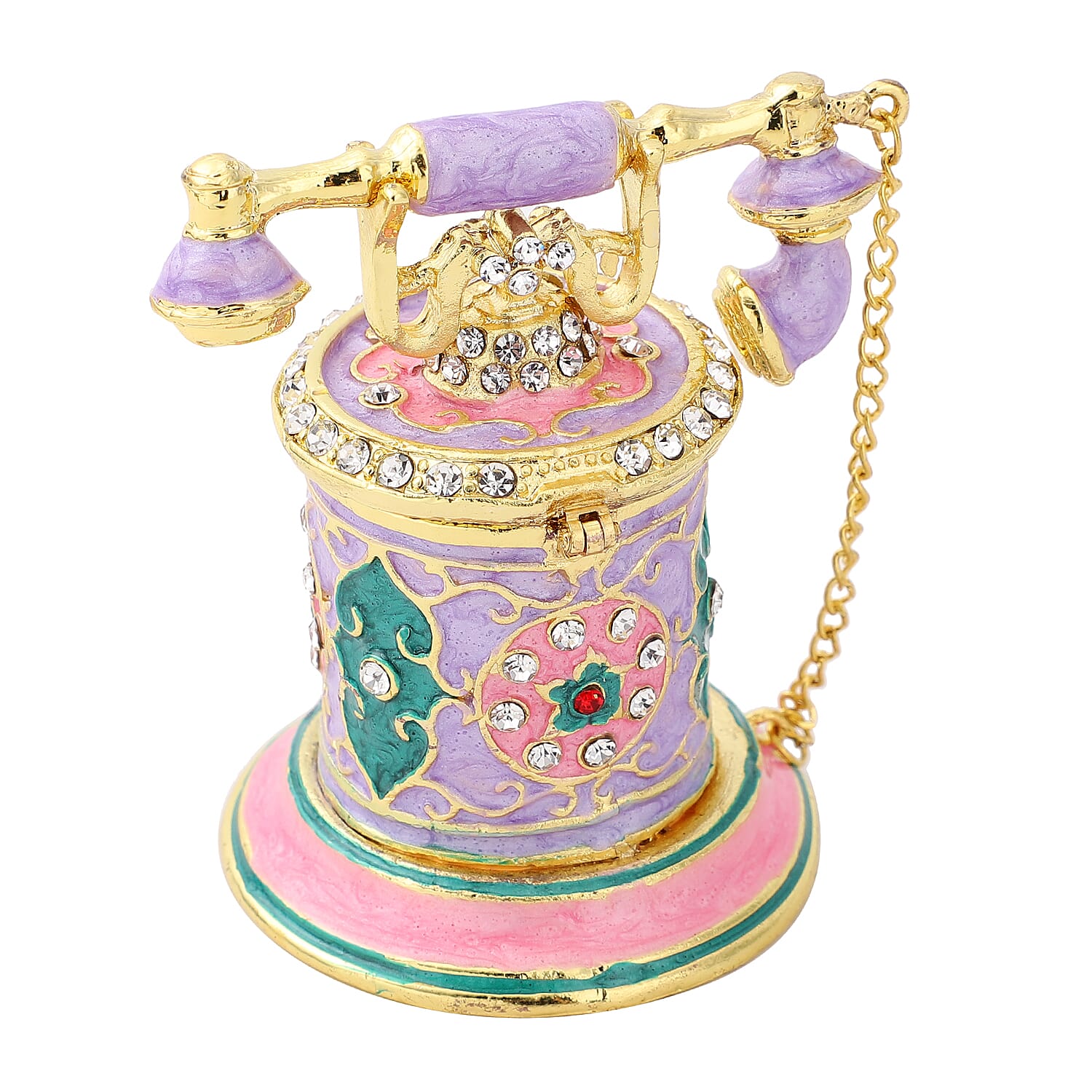 White Austrian Crystal Enameled Telephone Trinket Box in Goldtone(Size 5x5x7 cm)