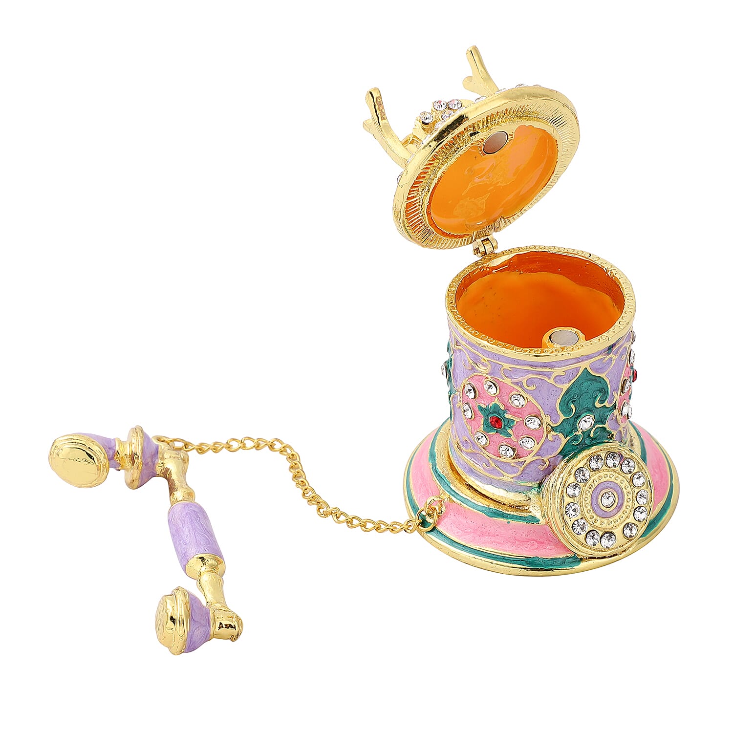 White Austrian Crystal Enameled Telephone Trinket Box in Goldtone(Size 5x5x7 cm)