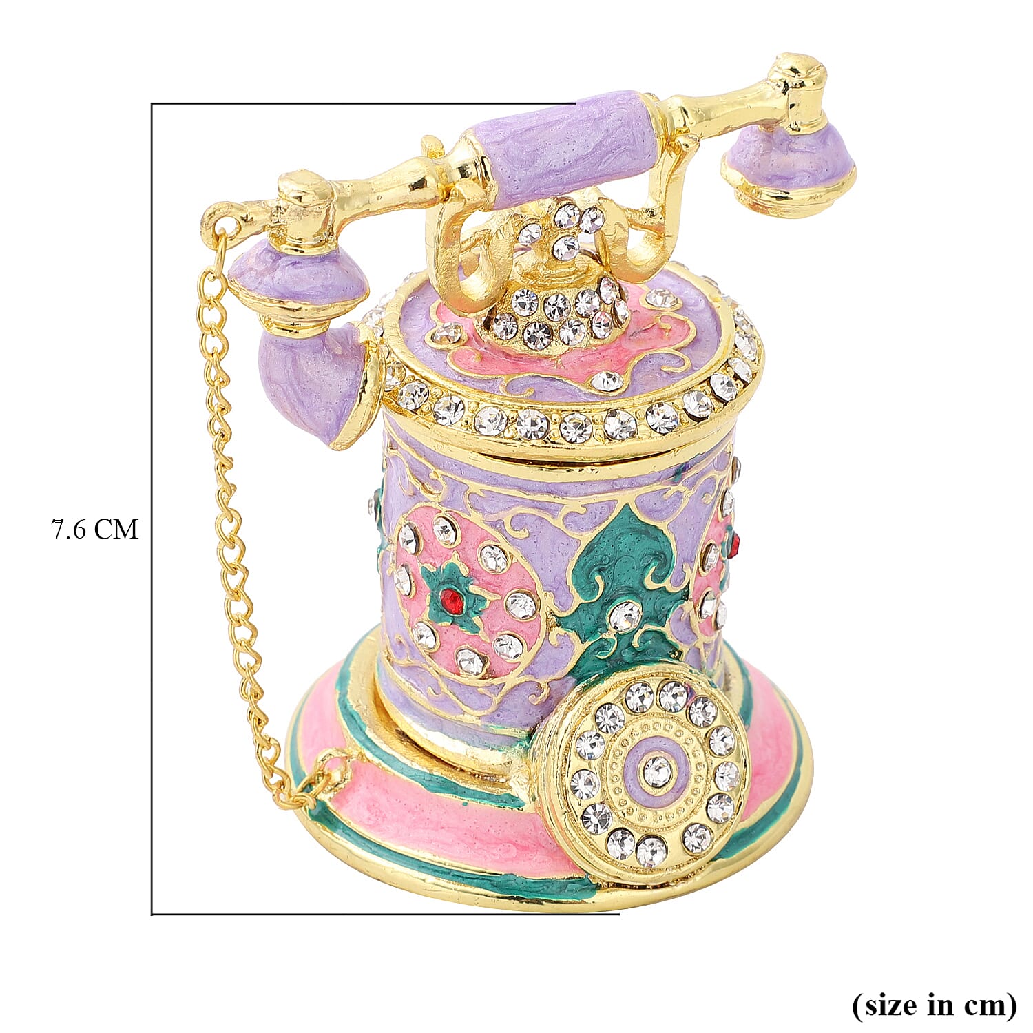 White Austrian Crystal Enameled Telephone Trinket Box in Goldtone(Size 5x5x7 cm)