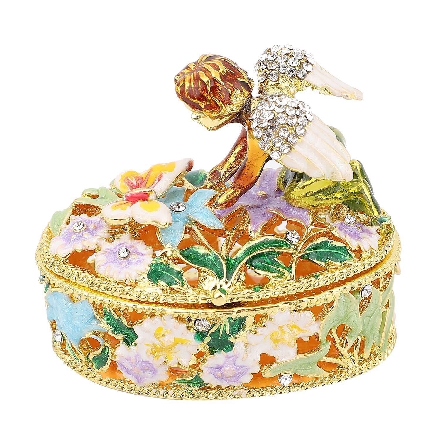 White Austrian Crystal Enameled Angel Trinket Box in Goldtone (Size 6x4x6 cm)