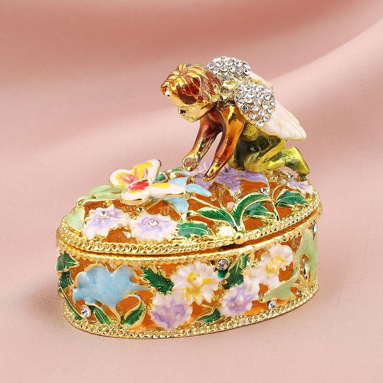 White Austrian Crystal Enameled Angel Trinket Box in Goldtone (Size 6x4x6 cm)