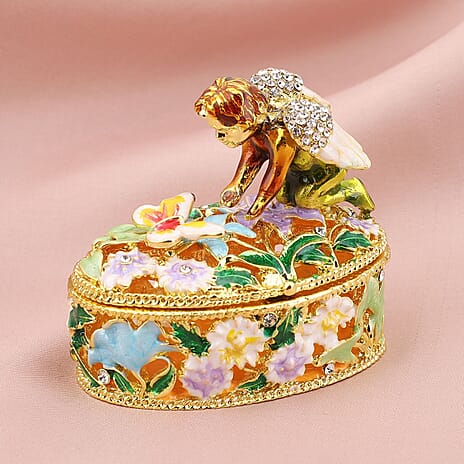 White Austrian Crystal Enameled Angel Trinket Box in Goldtone (Size 6x4x6 cm)