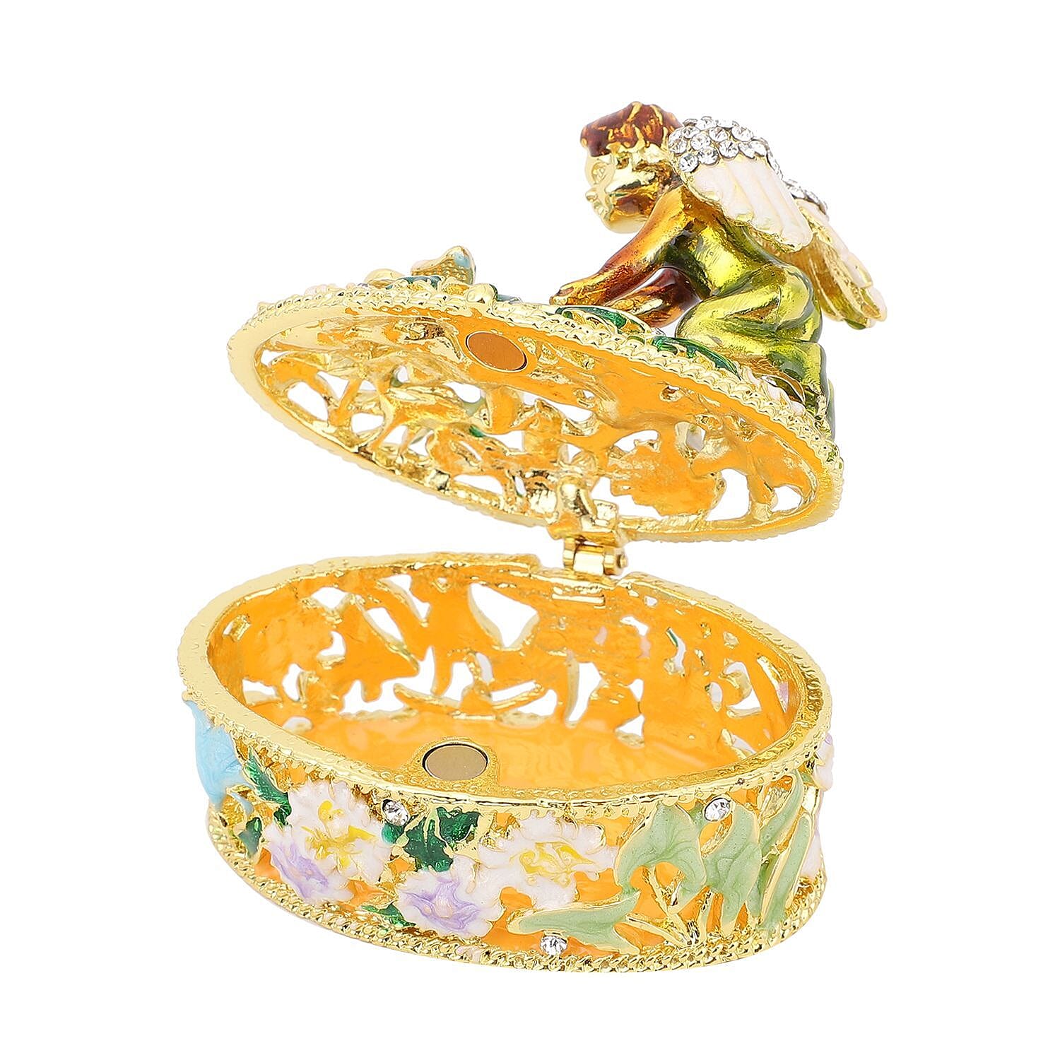 White Austrian Crystal Enameled Angel Trinket Box in Goldtone (Size 6x4x6 cm)