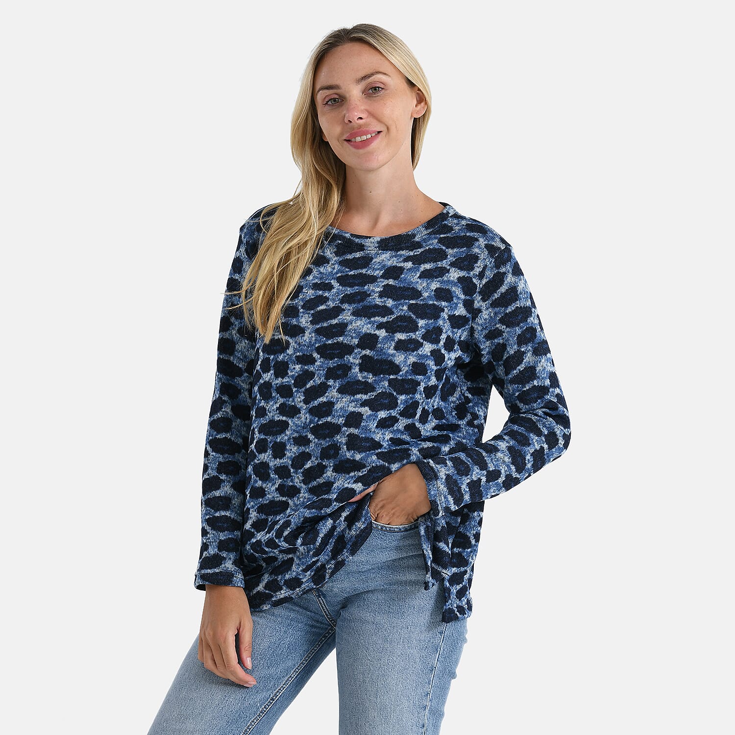 Super Cozy Tamsy Brush Stretch Jersey Jumper (One Size) - Navy & Blue